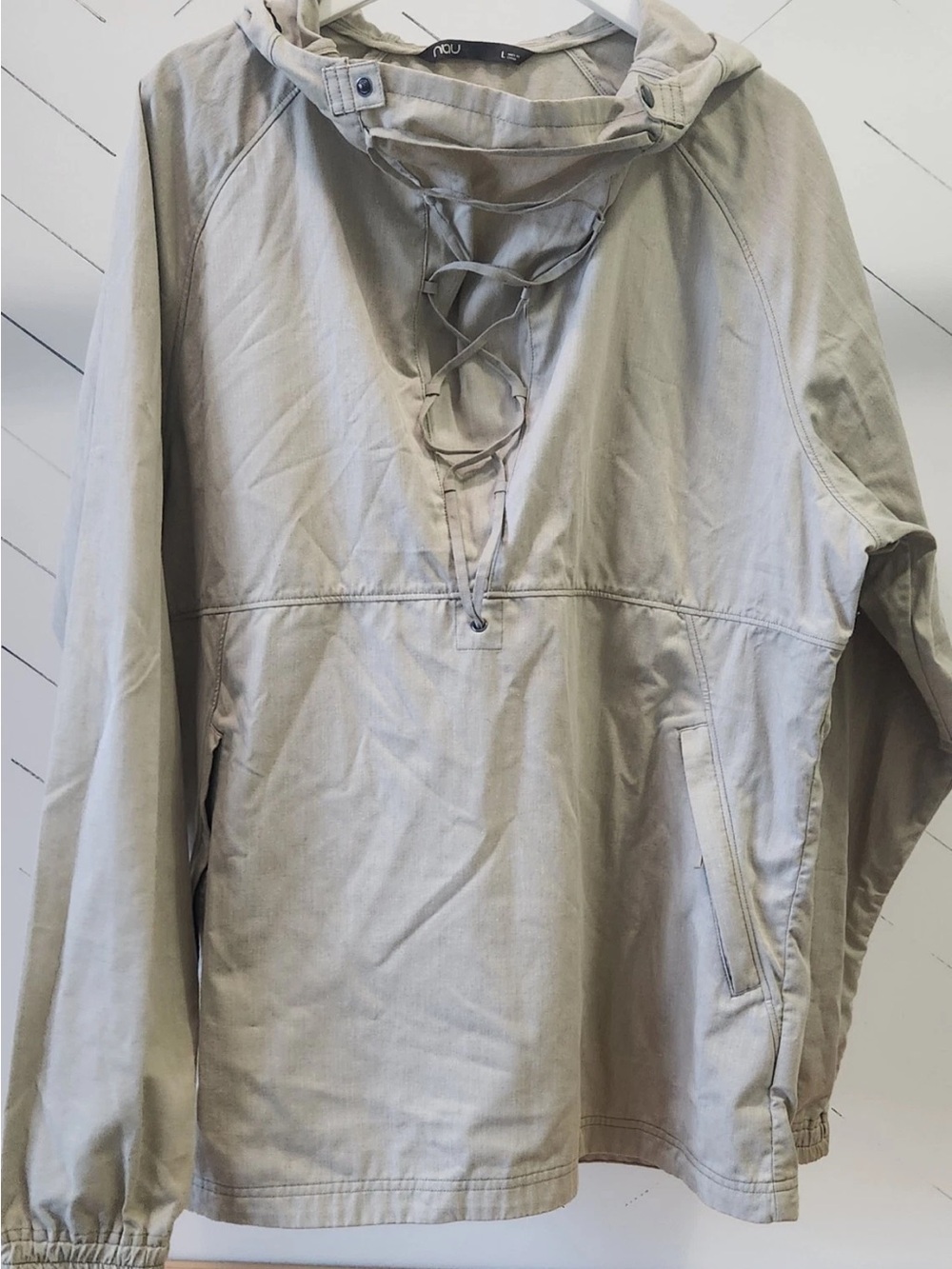 Nau Men's Lace-Up Hooded Pullover Jacket in Light Beige / warm grey, M
